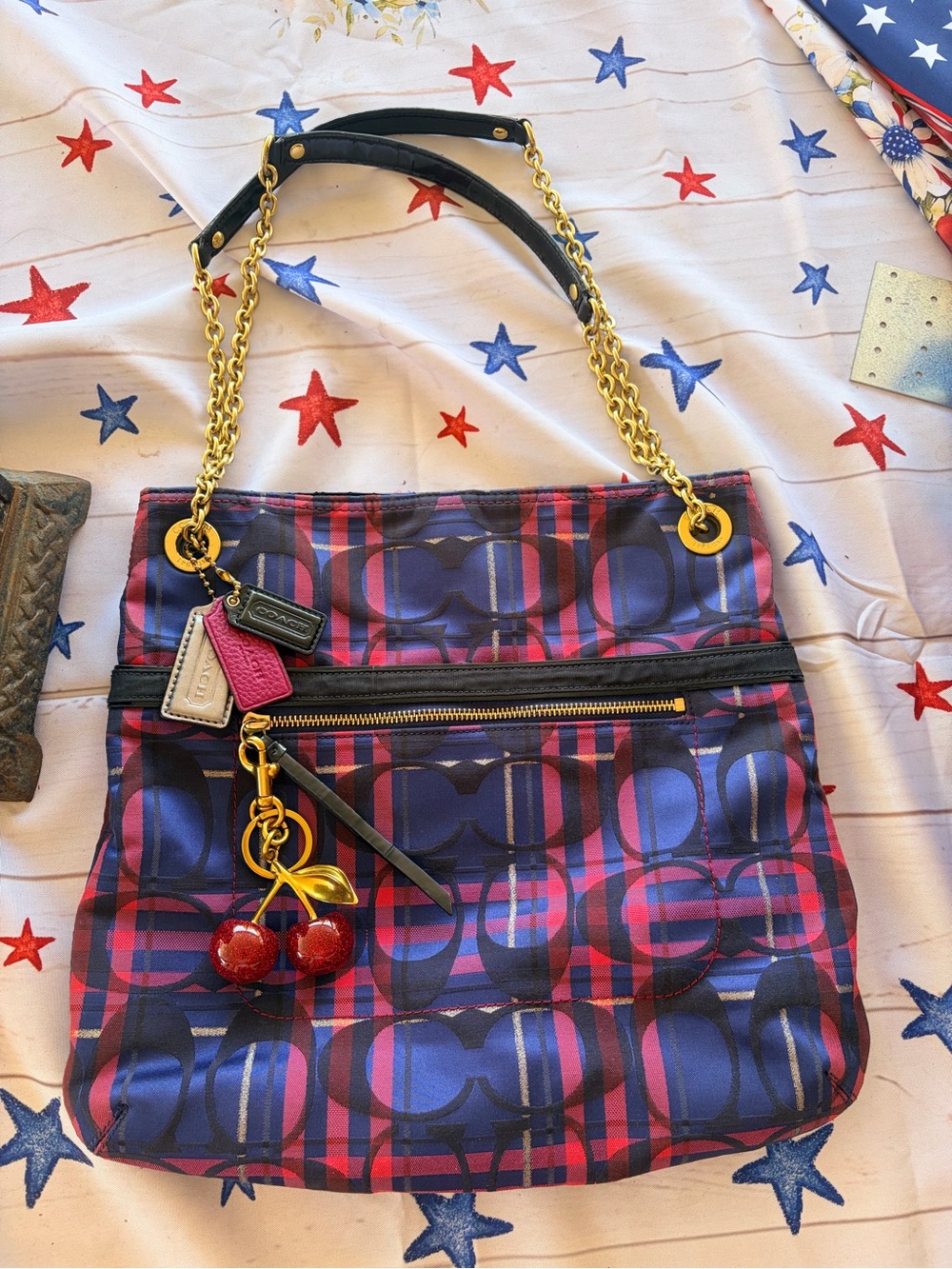 Coach Blue and Pink Plaid Shoulder Bag with Gold Chain